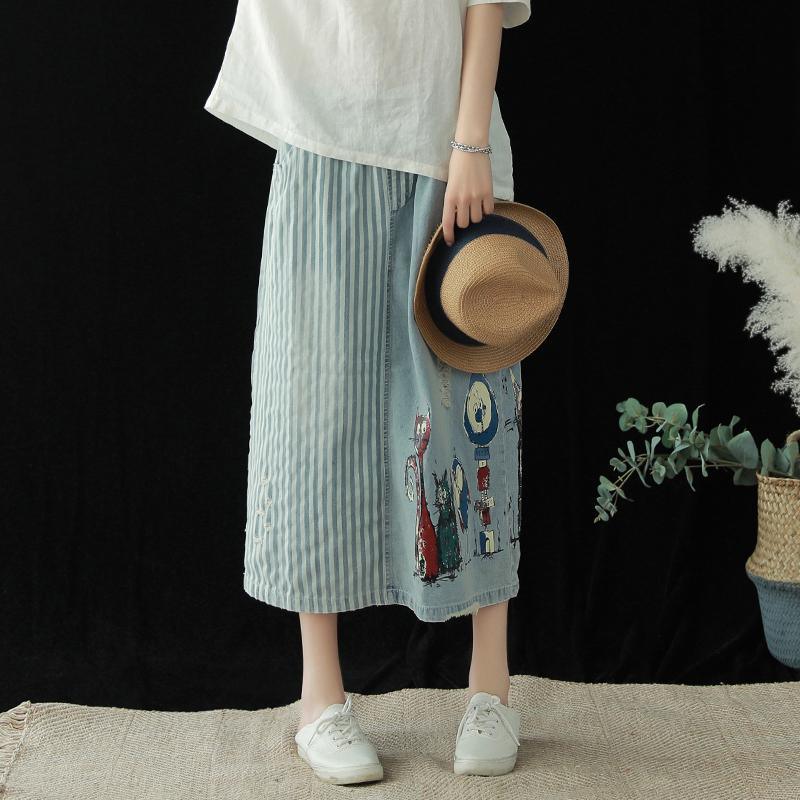 Cotton denim skirt female summer new elastic waist loose retro skirt - Omychic