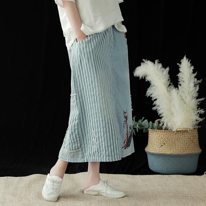 Cotton denim skirt female summer new elastic waist loose retro skirt - Omychic