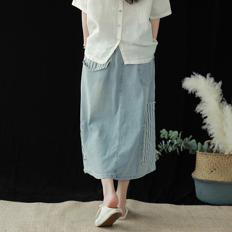 Cotton denim skirt female summer new elastic waist loose retro skirt - Omychic