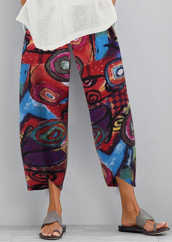 Cotton hemp printed elastic large size Capris - Omychic