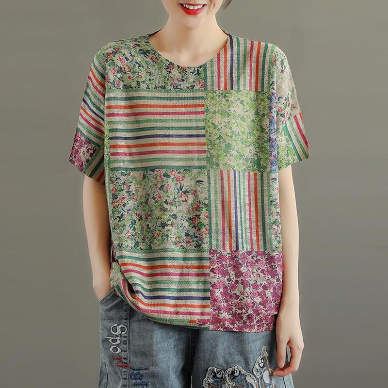 2021 Plus Size Cotton Floral Knit Stitching Women T-shirt - Omychic