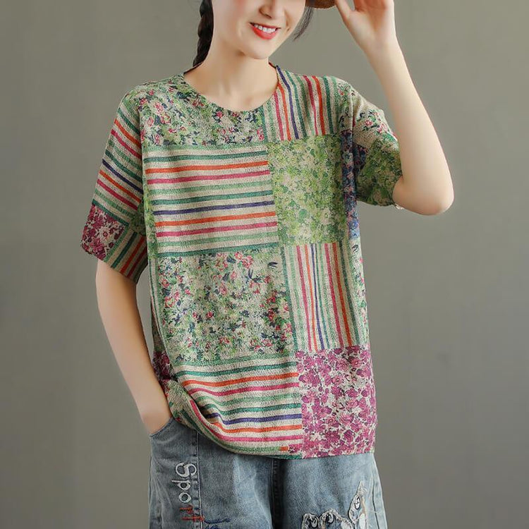 2021 Plus Size Cotton Floral Knit Stitching Women T-shirt - Omychic