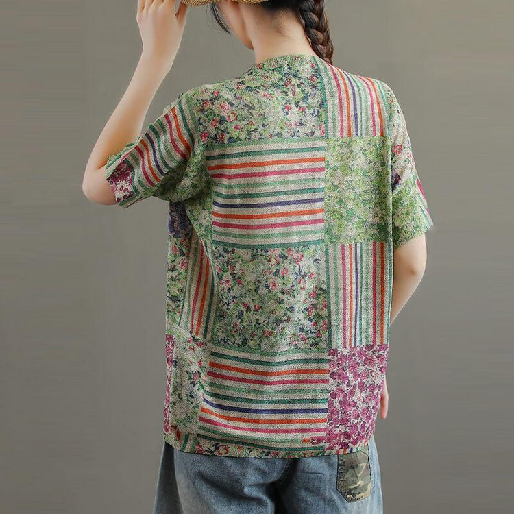 2021 Plus Size Cotton Floral Knit Stitching Women T-shirt - Omychic