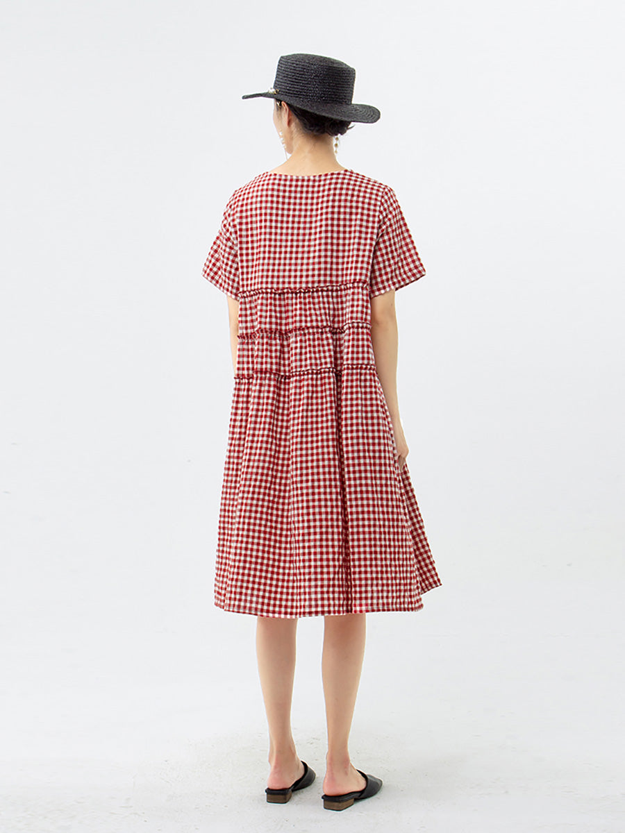 Summer Loose Cotton Plaid Dress Short Sleeve