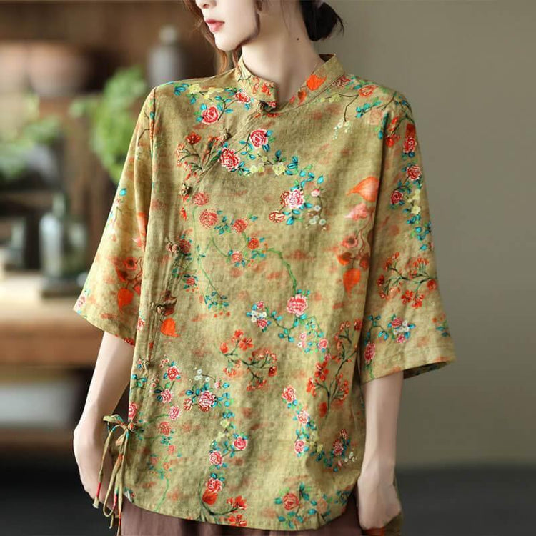 2021 Plus Size Cotton Linen Floral Asymmetrical Vintage Shirt - Omychic