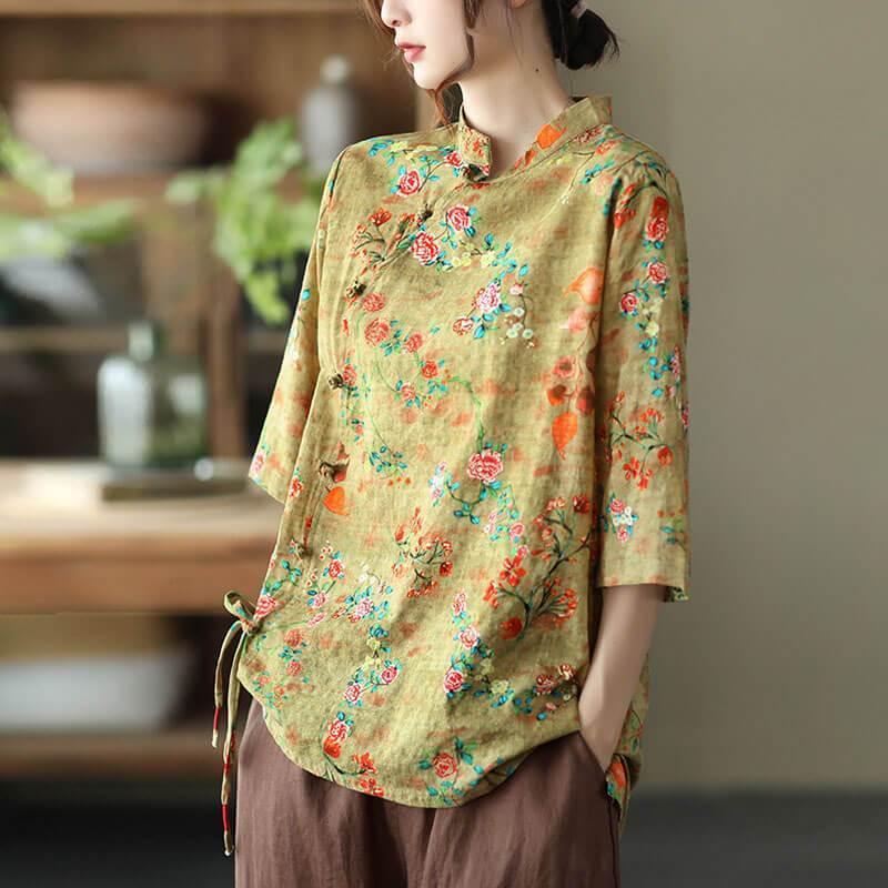 2021 Plus Size Cotton Linen Floral Asymmetrical Vintage Shirt - Omychic
