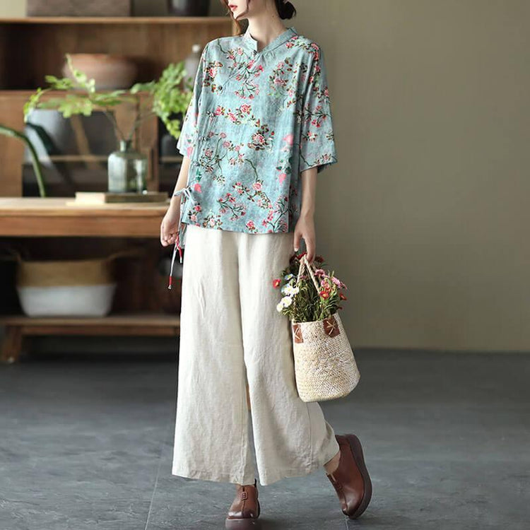 2021 Plus Size Cotton Linen Floral Asymmetrical Vintage Shirt - Omychic