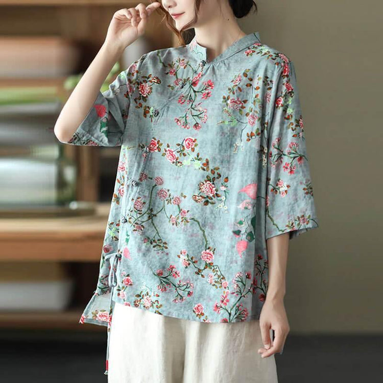 2021 Plus Size Cotton Linen Floral Asymmetrical Vintage Shirt - Omychic
