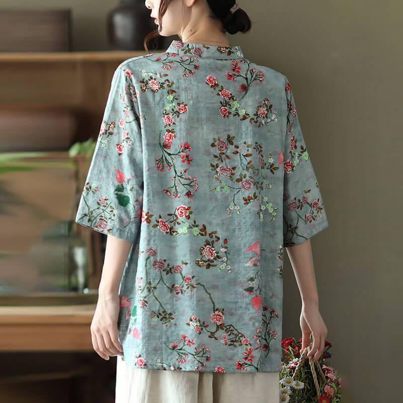 2021 Plus Size Cotton Linen Floral Asymmetrical Vintage Shirt - Omychic