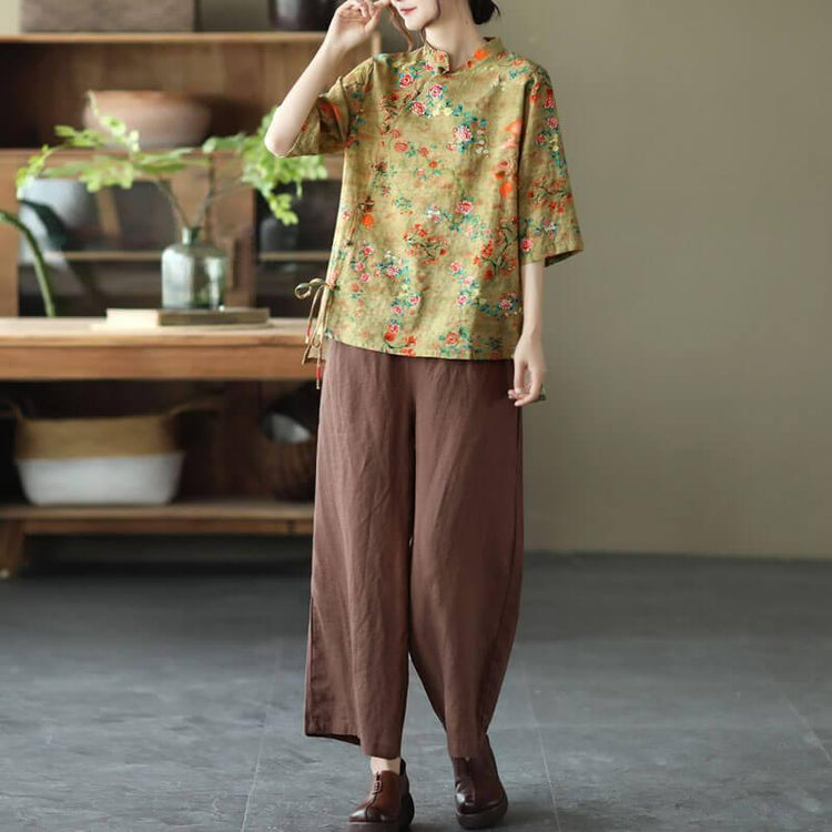 2021 Plus Size Cotton Linen Floral Asymmetrical Vintage Shirt - Omychic