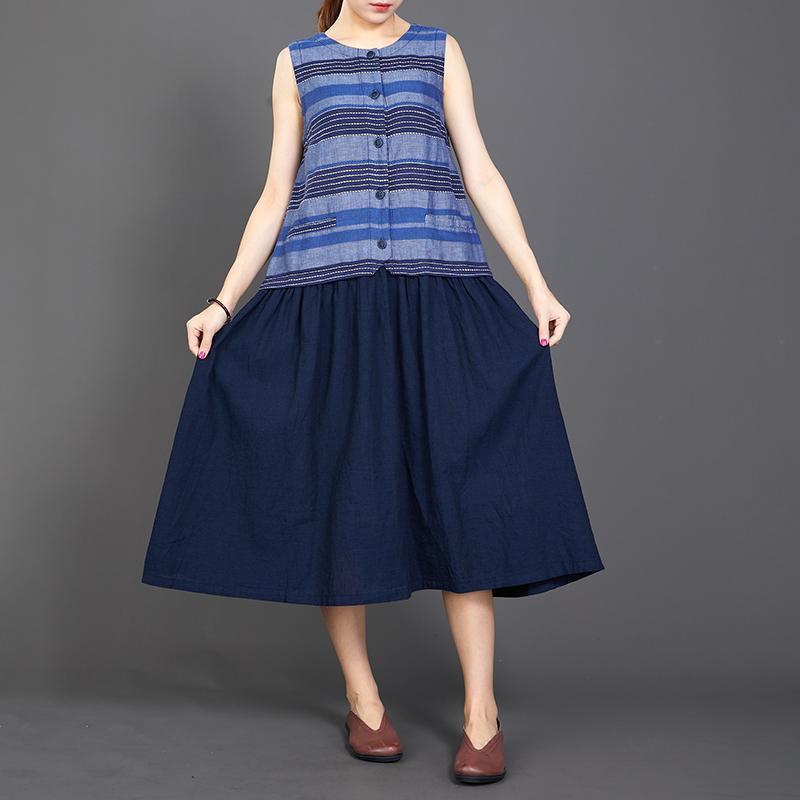 Cotton Linen Blue Splice Sleeveless Dress - Omychic