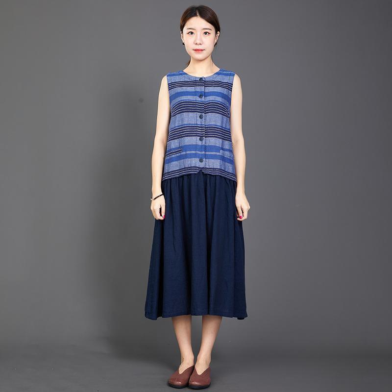Cotton Linen Blue Splice Sleeveless Dress - Omychic