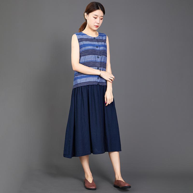 Cotton Linen Blue Splice Sleeveless Dress - Omychic