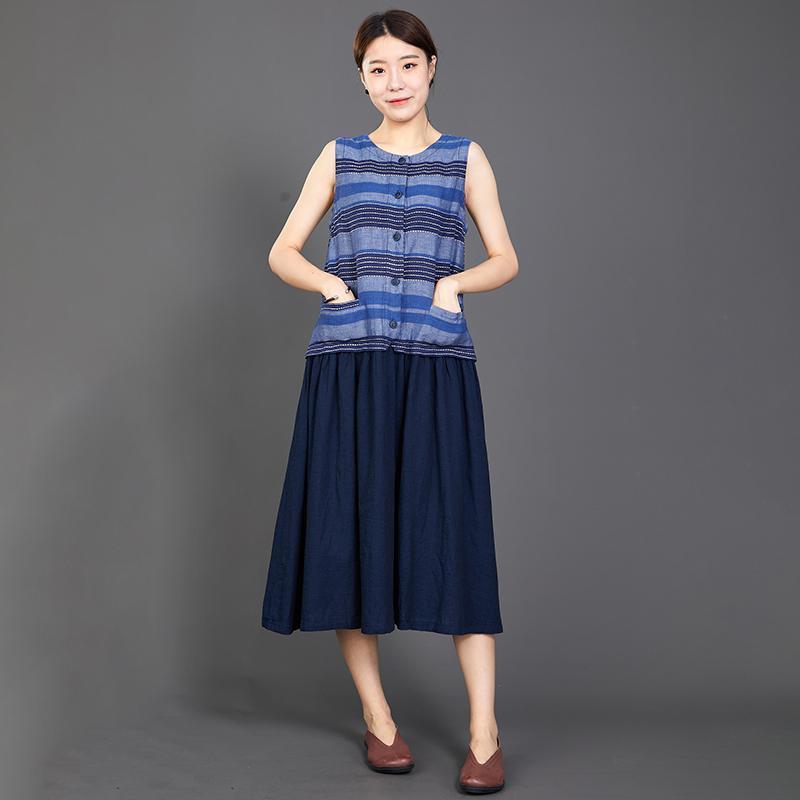 Cotton Linen Blue Splice Sleeveless Dress - Omychic