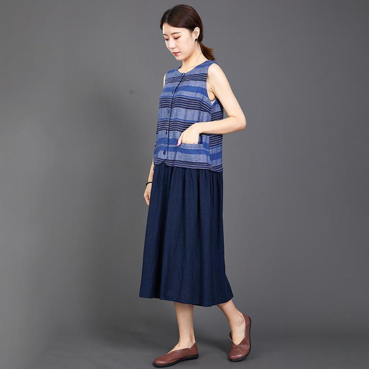 Cotton Linen Blue Splice Sleeveless Dress - Omychic