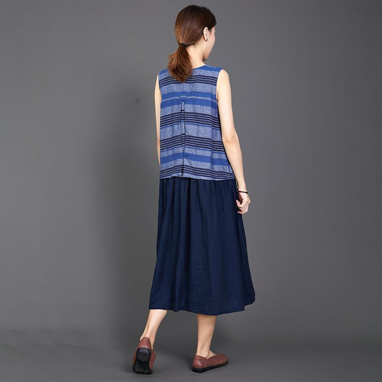 Cotton Linen Blue Splice Sleeveless Dress - Omychic