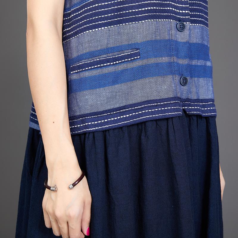 Cotton Linen Blue Splice Sleeveless Dress - Omychic