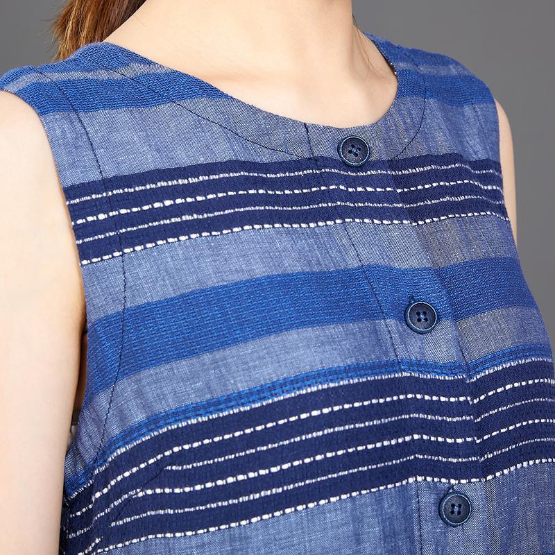 Cotton Linen Blue Splice Sleeveless Dress - Omychic