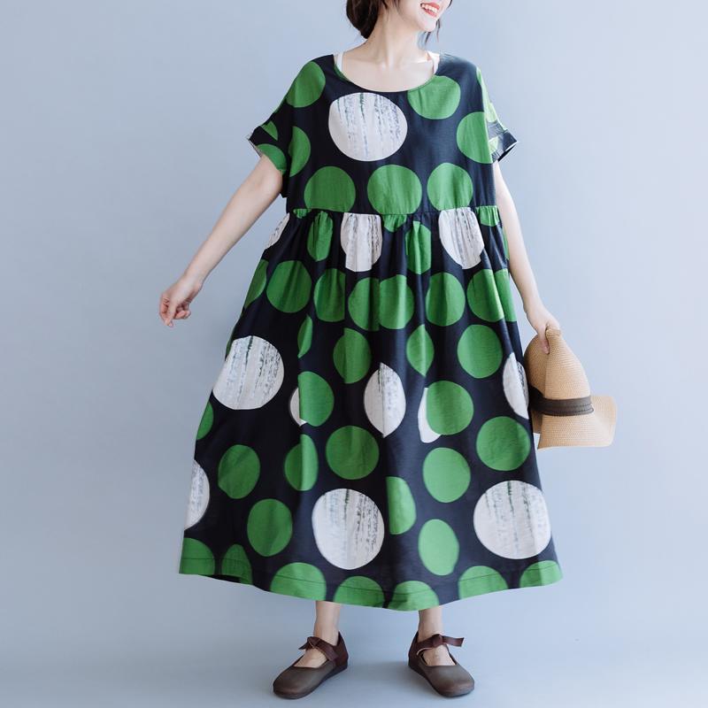 Cotton Print Dot Round Neck A-Line Dress - Omychic