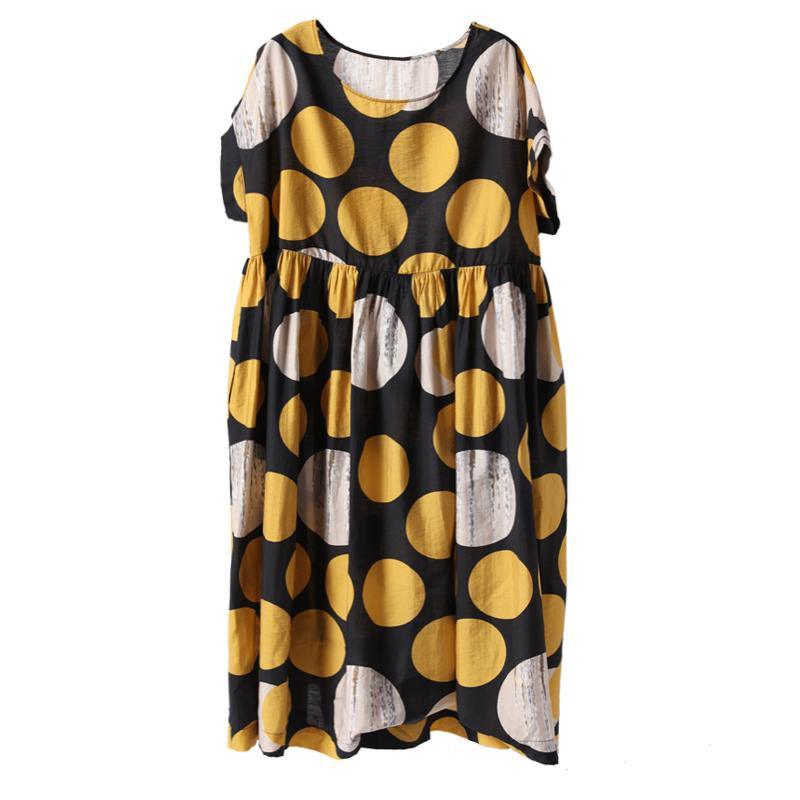 Cotton Print Dot Round Neck A-Line Dress - Omychic