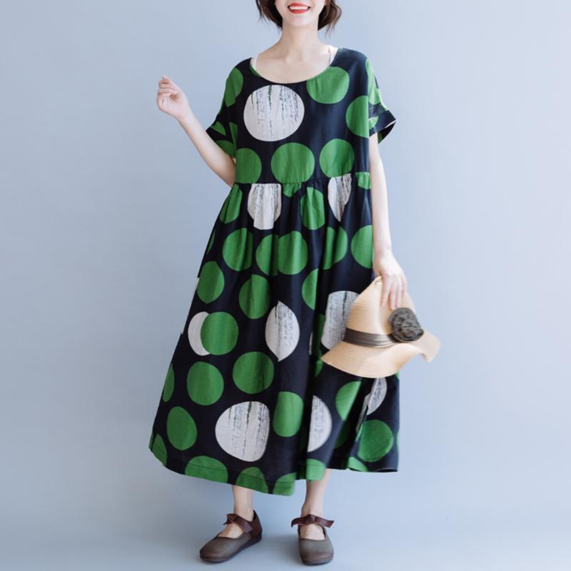 Cotton Print Dot Round Neck A-Line Dress - Omychic