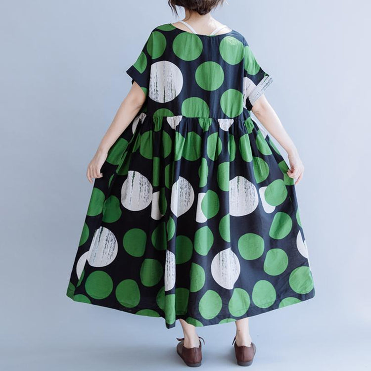 Cotton Print Dot Round Neck A-Line Dress - Omychic