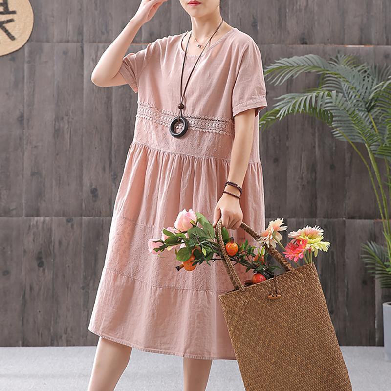 Cotton Solid Short Sleeve A-Line Dress - Omychic