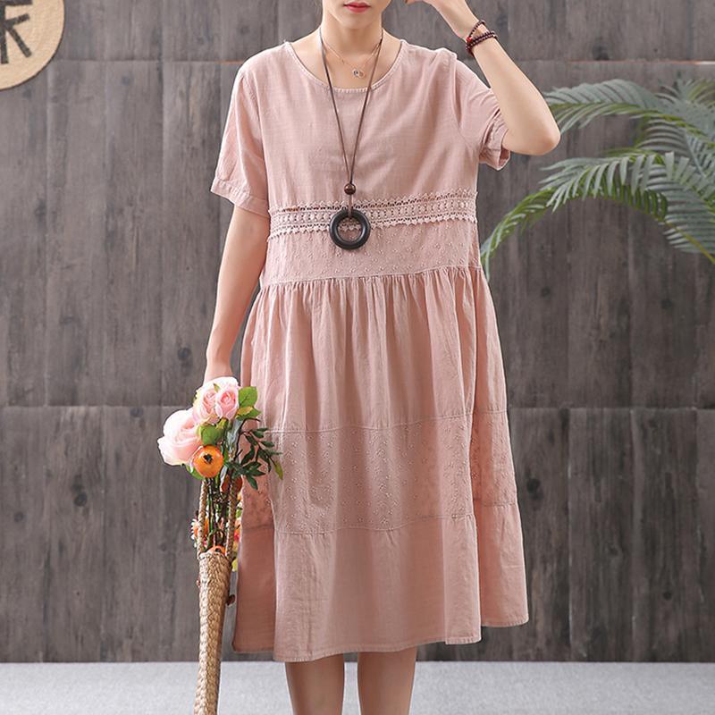 Cotton Solid Short Sleeve A-Line Dress - Omychic