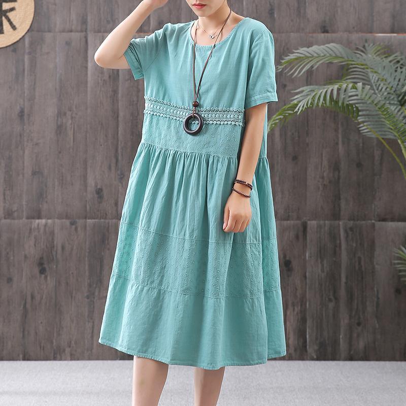 Cotton Solid Short Sleeve A-Line Dress - Omychic