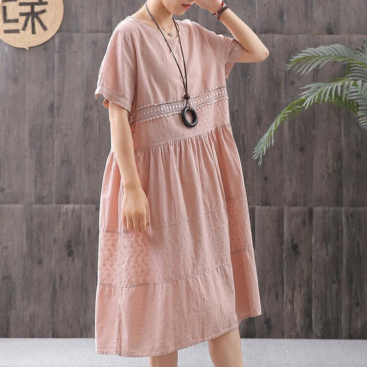 Cotton Solid Short Sleeve A-Line Dress - Omychic