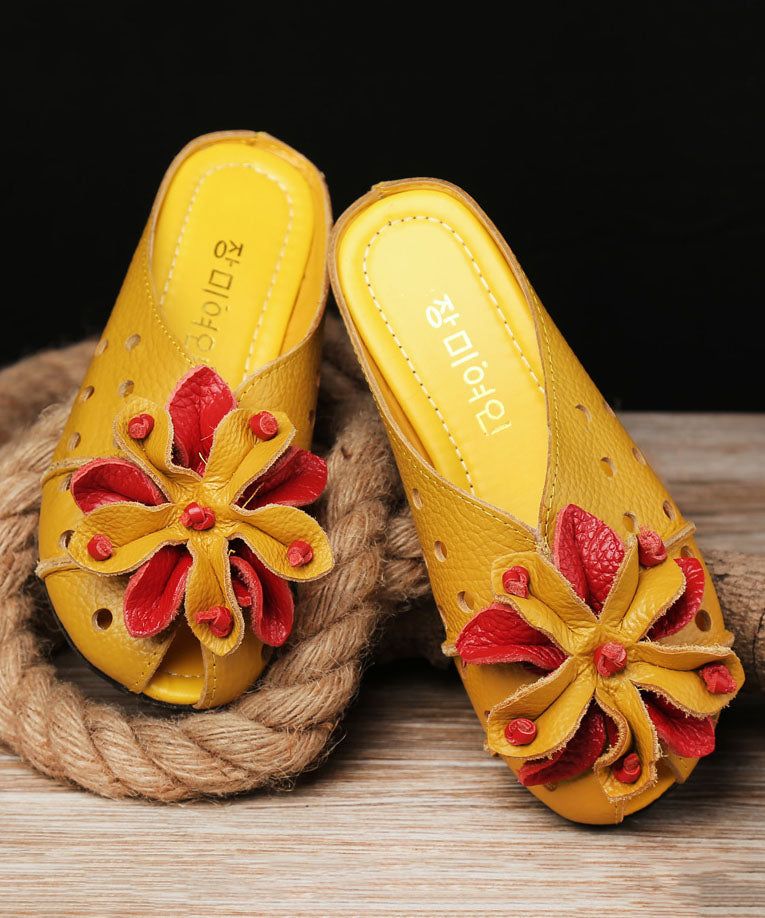 Cowhide Leather Yellow Flat Slide Sandals Splicing Hollow Out Floral