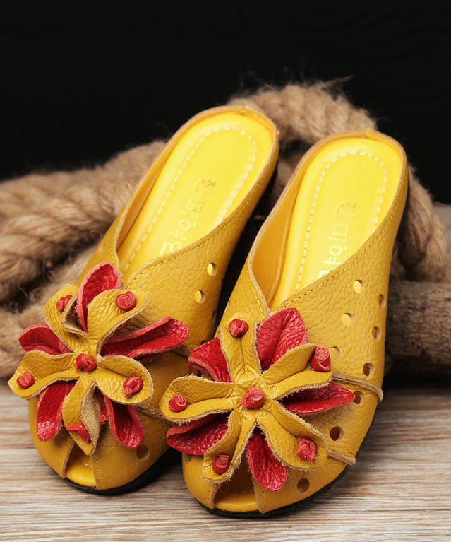 Cowhide Leather Yellow Flat Slide Sandals Splicing Hollow Out Floral