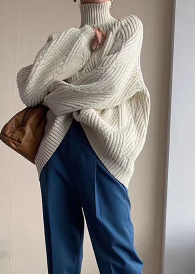 Cozy Beige Hign Neck Thick Patchwork Knit Sweaters Long Sleeve