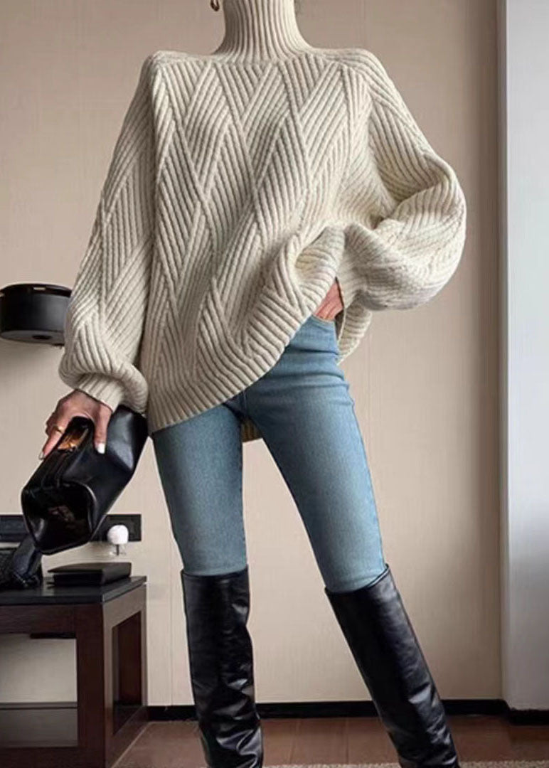 Cozy Beige Hign Neck Thick Patchwork Knit Sweaters Long Sleeve