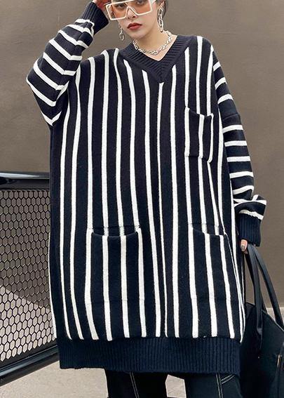 Cozy Black Striped Sweaters Plus Size V Neck Pockets Knit Blouse - Omychic