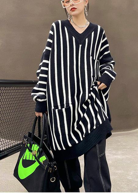 Cozy Black Striped Sweaters Plus Size V Neck Pockets Knit Blouse - Omychic