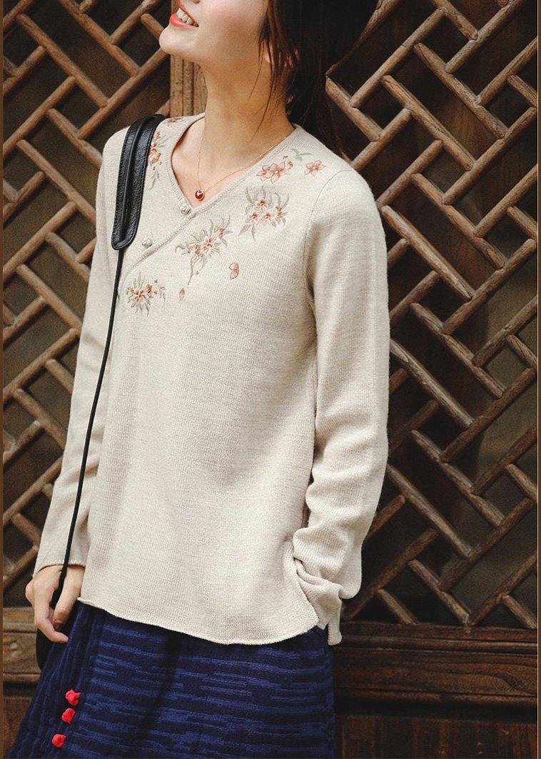Cozy Nude Embroidery Knitted T Shirt V Neck Trendy Plus Size Spring Knitted Blouse - Omychic