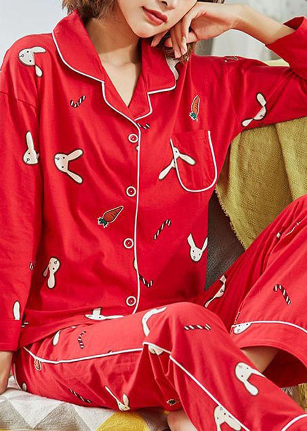 Cozy Red Button Patchwork Print Cotton Pajamas Two Pieces Set Summer