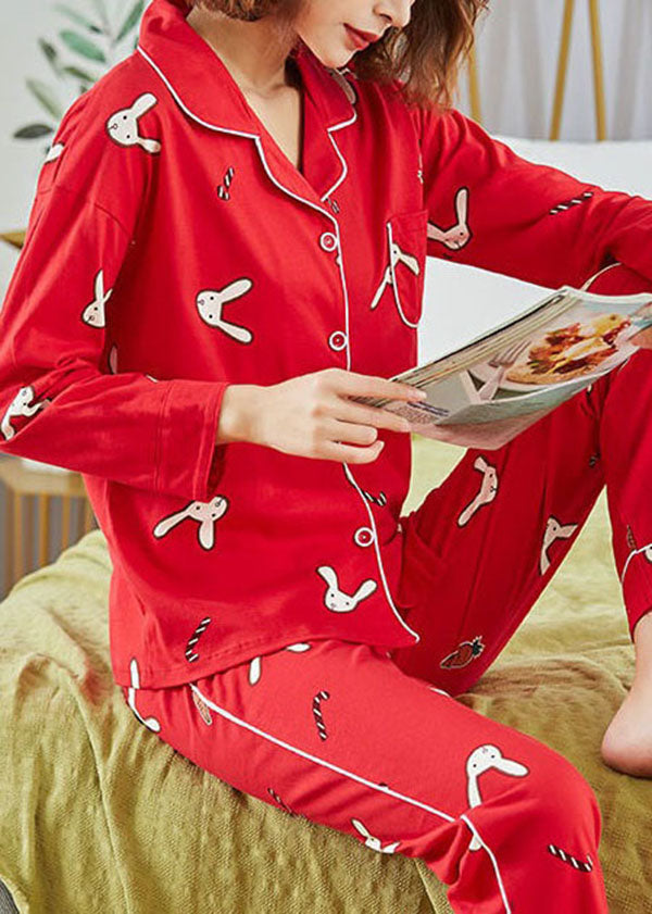 Cozy Red Button Patchwork Print Cotton Pajamas Two Pieces Set Summer