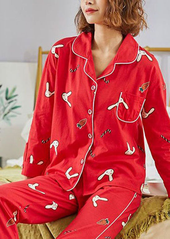 Cozy Red Button Patchwork Print Cotton Pajamas Two Pieces Set Summer