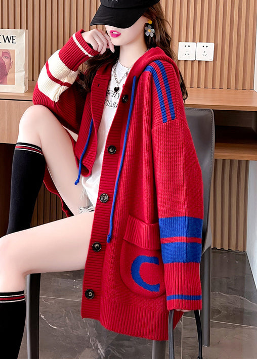 Cozy Red Hooded Pockets Button Patchwork Knit Cardigans Coat Fall