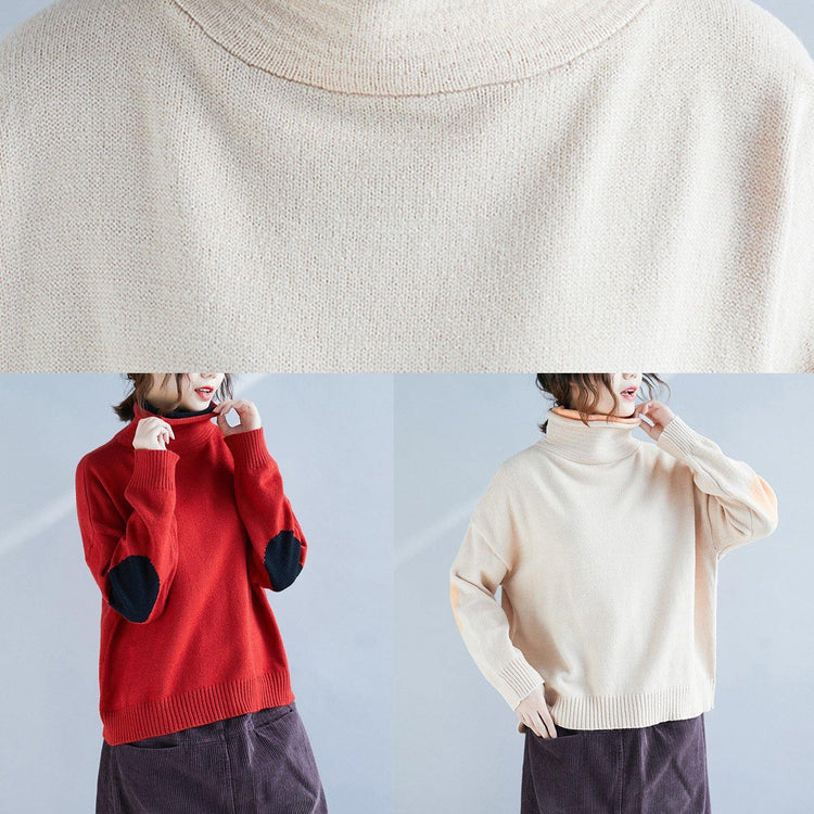 Cozy beige high neck crane tops trendy plus size autumn knitted blouse long sleeve - Omychic