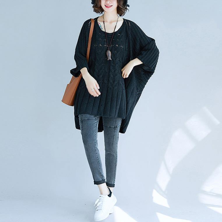 Cozy black sweater tops trendy plus size hollow out knitwear bracelet sleeved - Omychic