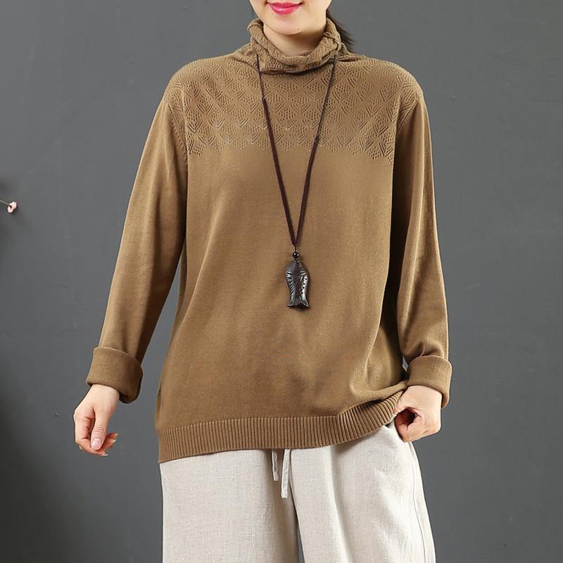 Cozy dark khaki clothes For Women high neck plus size hollow out knit tops - Omychic