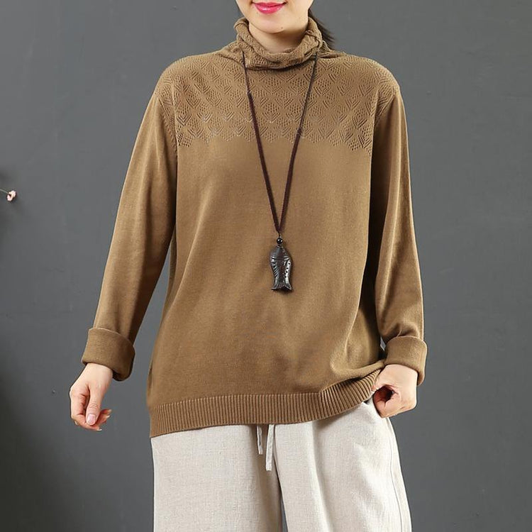 Cozy dark khaki clothes For Women high neck plus size hollow out knit tops - Omychic