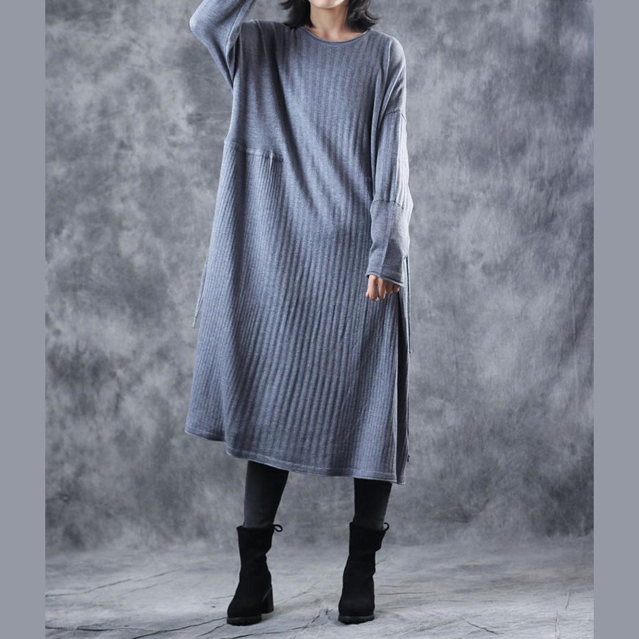 Cozy gray sweater dresses plus size o neck fall dresses boutique tie waist pullover - Omychic