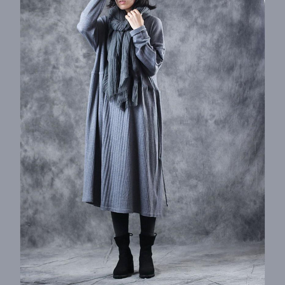 Cozy gray sweater dresses plus size o neck fall dresses boutique tie waist pullover - Omychic