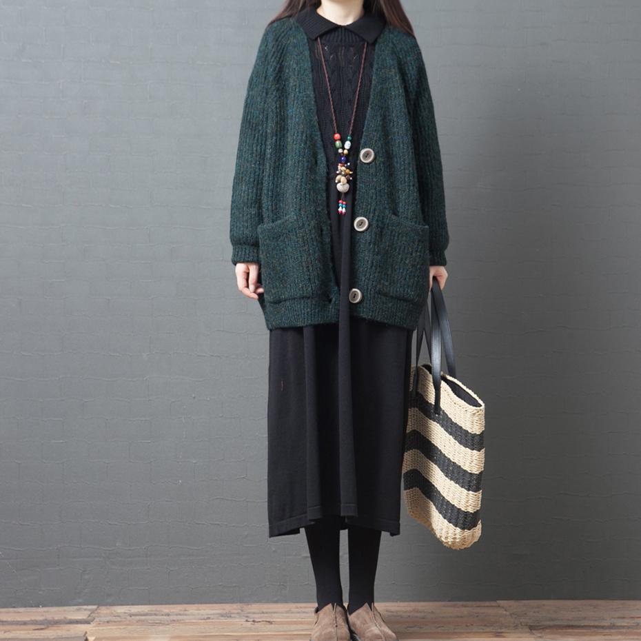 Cozy green knit coats trendy plus size v neck pockets knitwear - Omychic