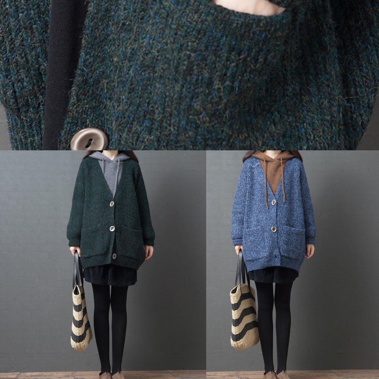 Cozy green knit coats trendy plus size v neck pockets knitwear - Omychic
