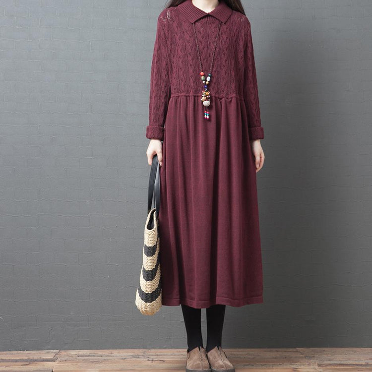 Cozy lapel wrinkled Sweater dress outfit Beautiful burgundy Hipster sweater dresses - Omychic